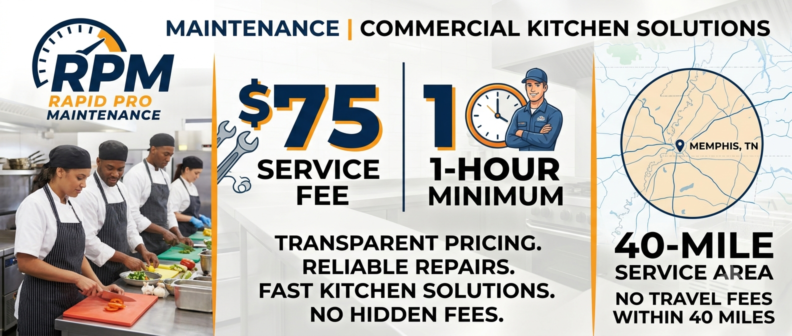 Rapid Pro Maintenance pricing: $75 service fee, 1-hour minimum, transparent pricing with no hidden fees, 40-mile Memphis TN service area with no travel fees