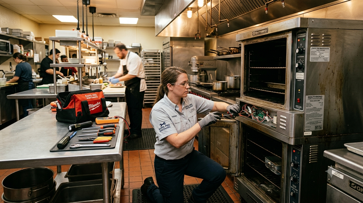 Rapid Pro Maintenance technician servicing an exposed commercial convection oven control panel in a Memphis restaurant kitchen